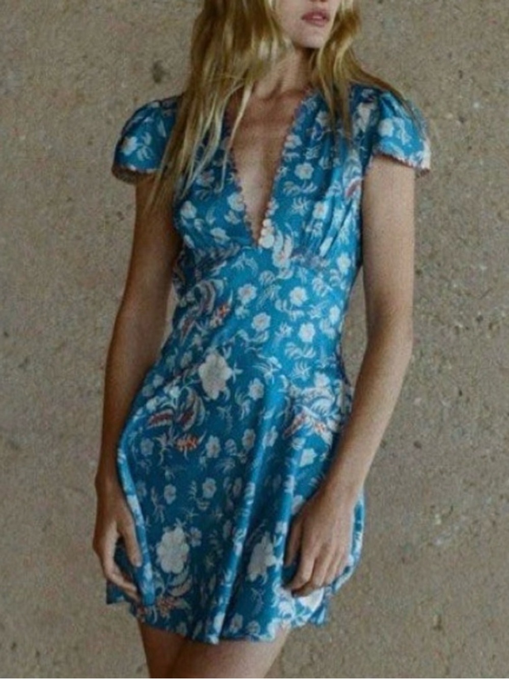 Doen Dianne Blue Azure Floral Silk V-Neck Mini Dress